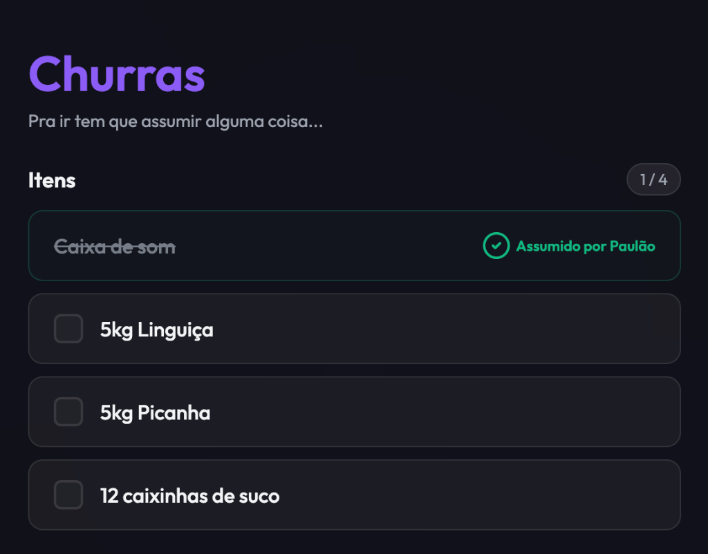 Visualização do Tudulist: Lista de Churrasco com itens para assumir